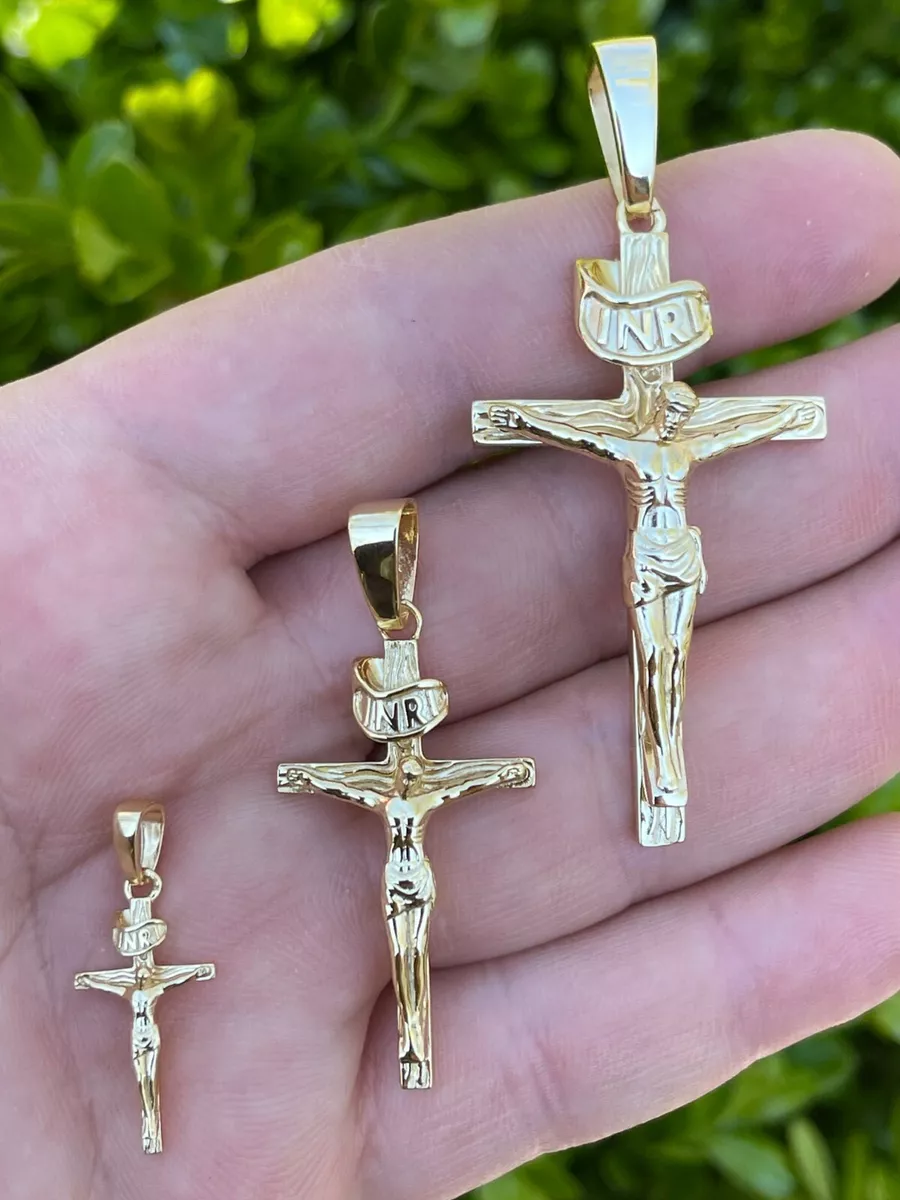 14k Gold Plated Solid 925 Silver Cross Jesus Piece Crucifix Pendant  Necklace