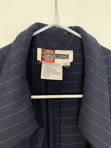 Super Vintage 80s 90s Y2K Two Piece Rayon Suit Floaty Pinstripe Yellow Navy S/M - Picture 3 of 12
