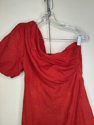 L atiste Red Asymmetrical Puff Sleeve Eyelet Dress