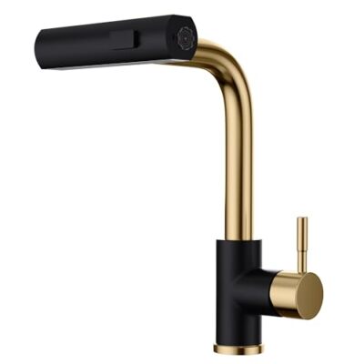  Waterfall Kitchen Faucet with Pull Down Sprayer Single Hole Black and Gold