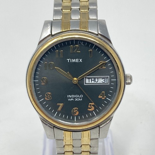 Orologio Timex Charles Street Uomo 36mm Argento Tono Oro Giorno Data Quadrante Grigio Nuovo Batt