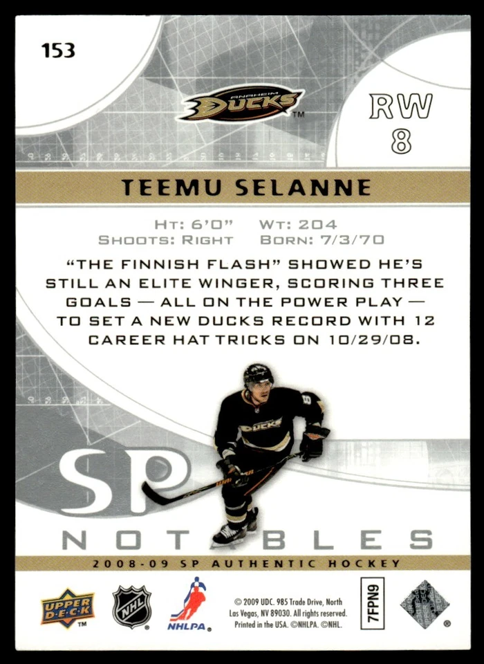 2008-09 SP AUTHENTIC NOTABLES Teemu Selanne 024/999 #153 - Image 2 of 2