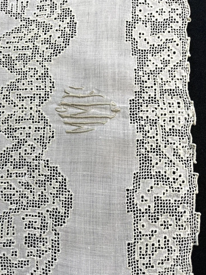 Antique Figural Italian hand Punto Tirato Lace & Linen Monogram Table Runner - Image 3 of 4