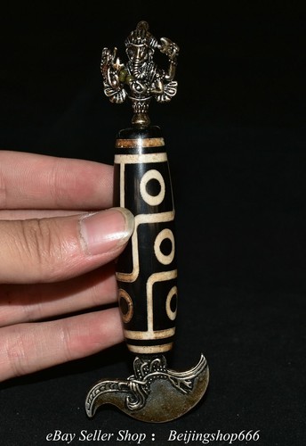 5" Old Chinese Silver Agate DZI Ganesh Lord Ganesha Phurba Dagger Holder Statue