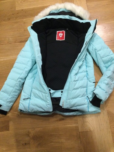 Rossignol puffer ski jacket women's xl detachable hood faux fur 716 Blue stencil - Picture 3 of 6