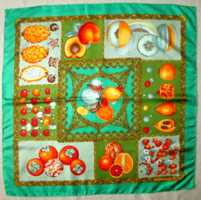 Foulard Vintage En Soie 100% - 87x87 Cm, Tons Bleu Et Or, Occasion
