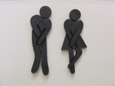 Set of Two Funny Bathroom Signs Boy Girl Man Woman Holding Their Pee