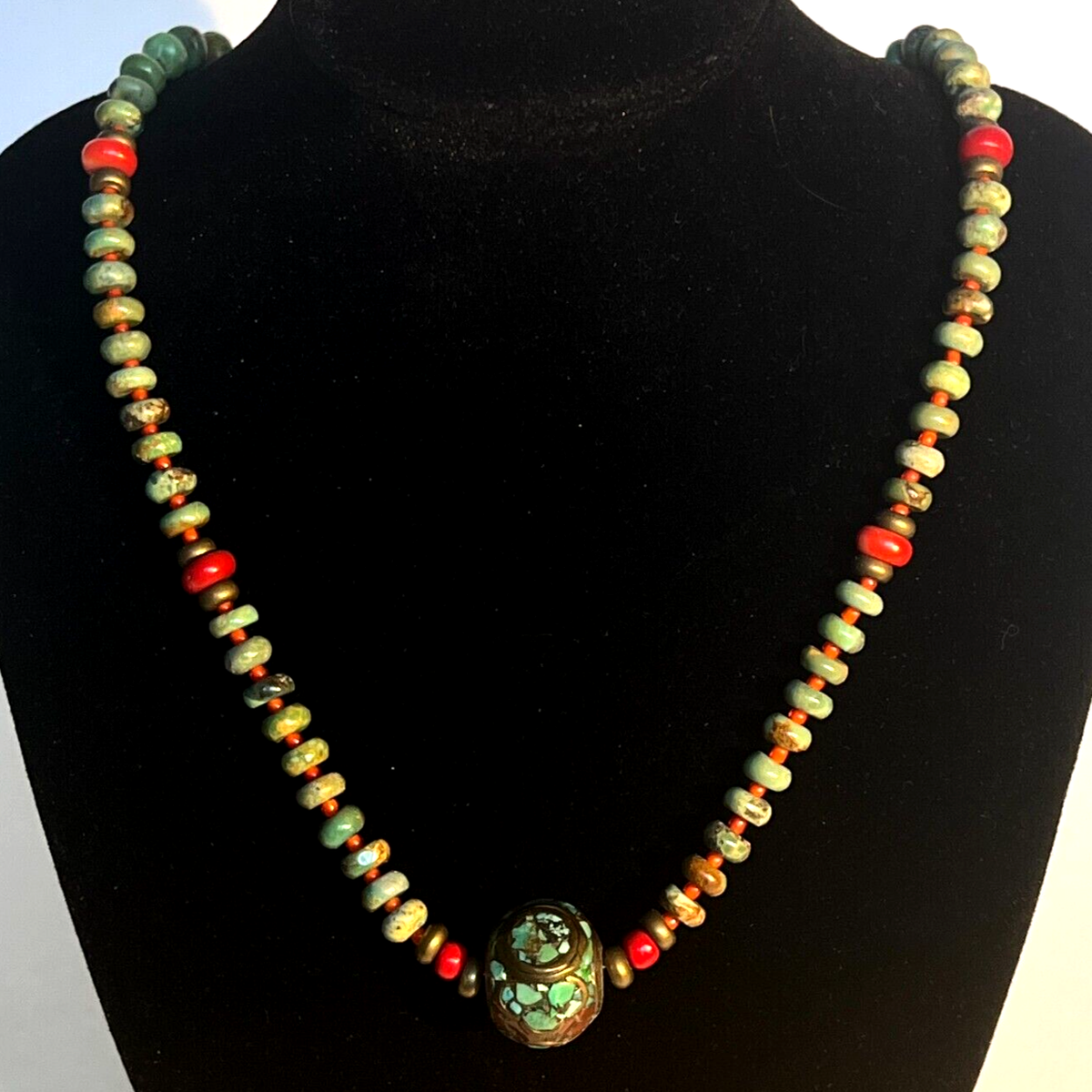 Vintage Tibetan Turquoise Necklace Coral Inlaid Bead Handmade 