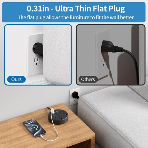 Flat Plug Power Strip 5 ft Ultra Thin Flat Extension Cord 3 Outlet and 4 USB ... - Picture 2 of 7