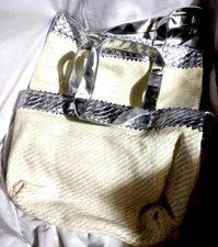 2 Matching Tote Shopping Bag Beach Vacation Double Strap White Woven Silver Trim