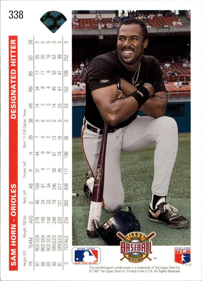 Sam Horn 1992 Upper Deck MLB #338 Baseball Card Baltimore Orioles - Image 2 of 2