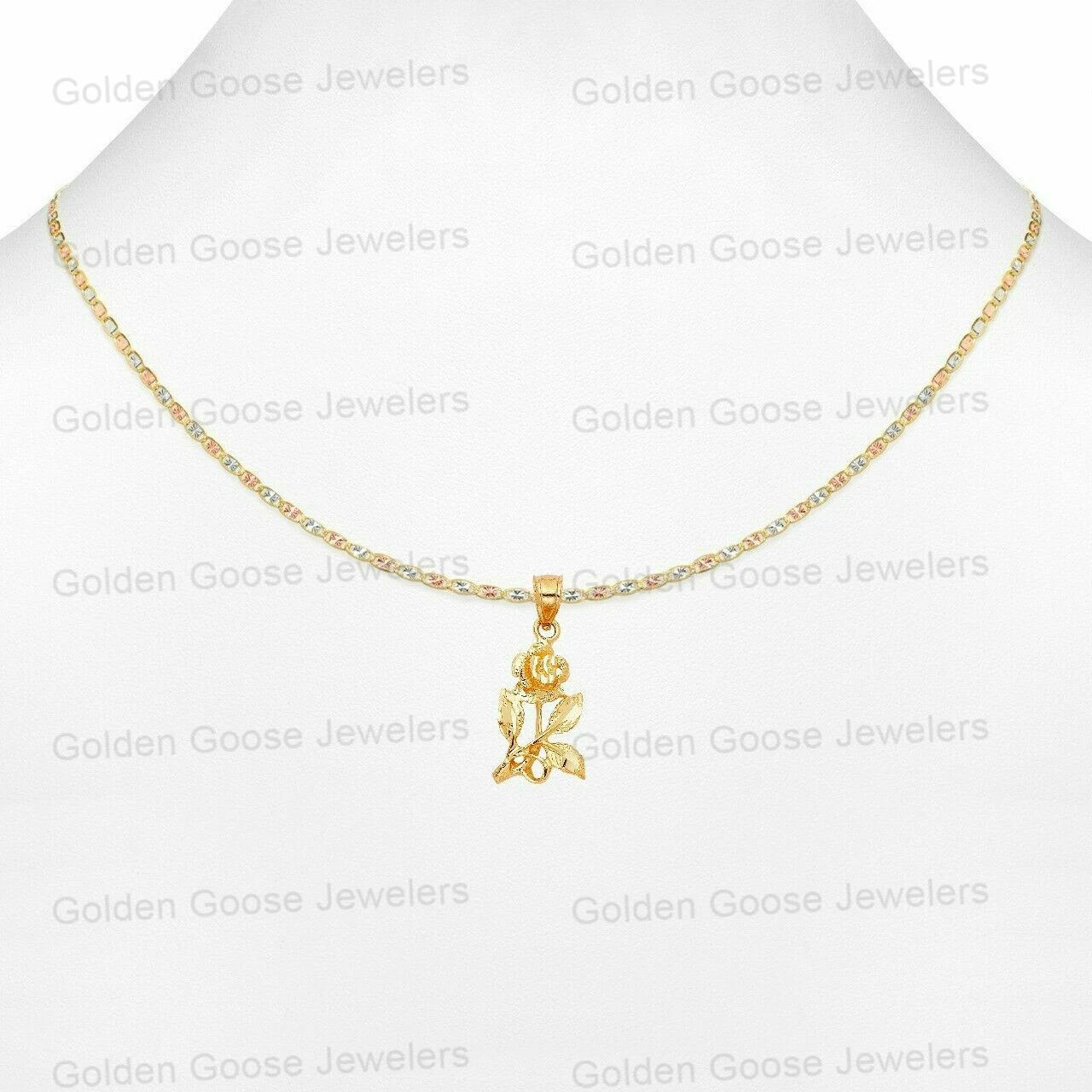 Ciondolo in vero oro giallo 14 kt unisex fiore rosa catena Valentino