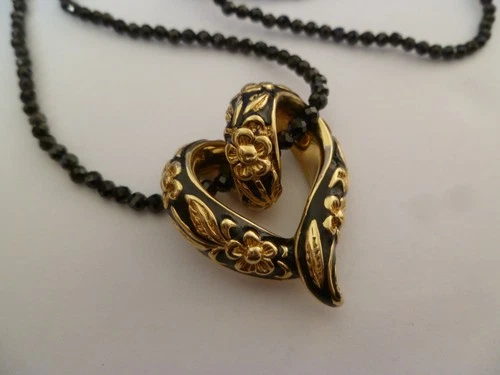 Bellezza Black Spinel Gold Tone, Black Openwork Floral Heart Pendant Necklace image 2