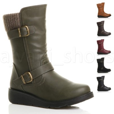 DAMEN NIEDRIGER KEILABSATZ STRICKKRAGEN SCHNALLE BEQUEM HALBHOHER STIEFEL GRÖSSE