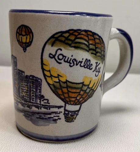 Vintage 1983 Louisville Stoneware Mug Hot Air Balloon Skyline Kentucky Derby USA