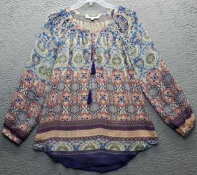 Daniel Rainn Blouse Top Women Small Multi Geometric Sheer Lined Tie Tassel Front