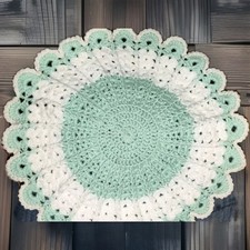 Handmade Crocheted Table Doilie Mint Green and White with Lace Edging