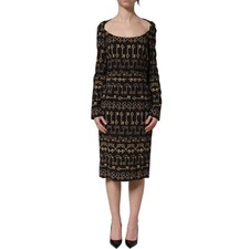 DOLCE & GABBANA Dress Black Key Print Long Sleeves Sheath Midi IT42/US8/M $1950