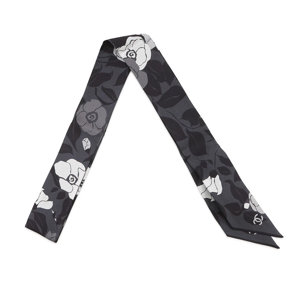 Chanel — CHANEL Scarf Camellia CC Logo Silk100% Gray/Black AAB779-B23588-U8080