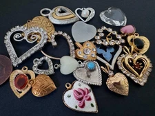 Vintage Fancy Mixed Metals Glass Heart Charms Lot 20