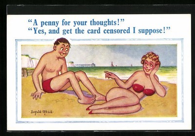 Künstler-AK Donald McGill: A penny for your thoughts!, Paar beim Flirt am Stran 
