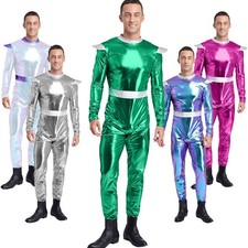 Mens Alien Shiny Jumpsuit Metallic Costume Long Astronaut High Waist Cosplay