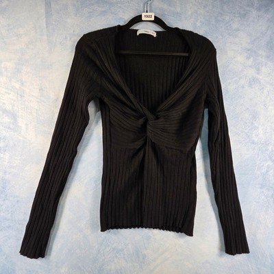 Mango MNG Black Ribbed Twist Front V-Neck Long Sleeve Top Large