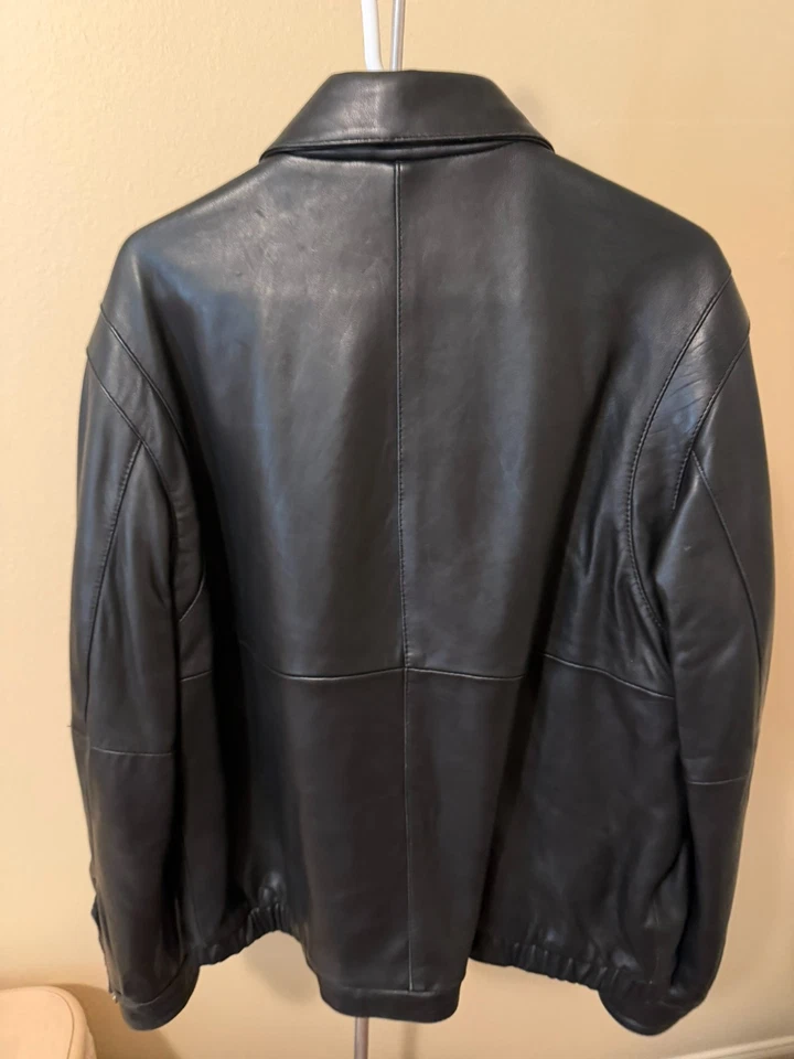 Perry Ellis Portfolio Black Lambskin Leather Bomber Jacket Mens Size Large - Image 4 of 4