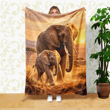 Elephant Mother and Calf Savanna Sunset Coral Fleece Blanket Sofa Decor