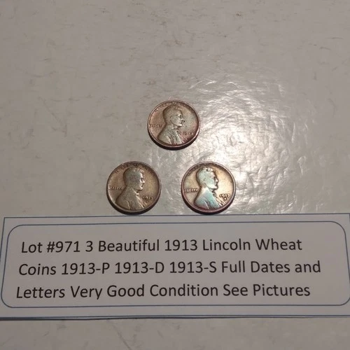 Lot #971 3 Beautiful Lincoln Wheats 1913-P 1913-D & 1913-S VG-F See Pictures