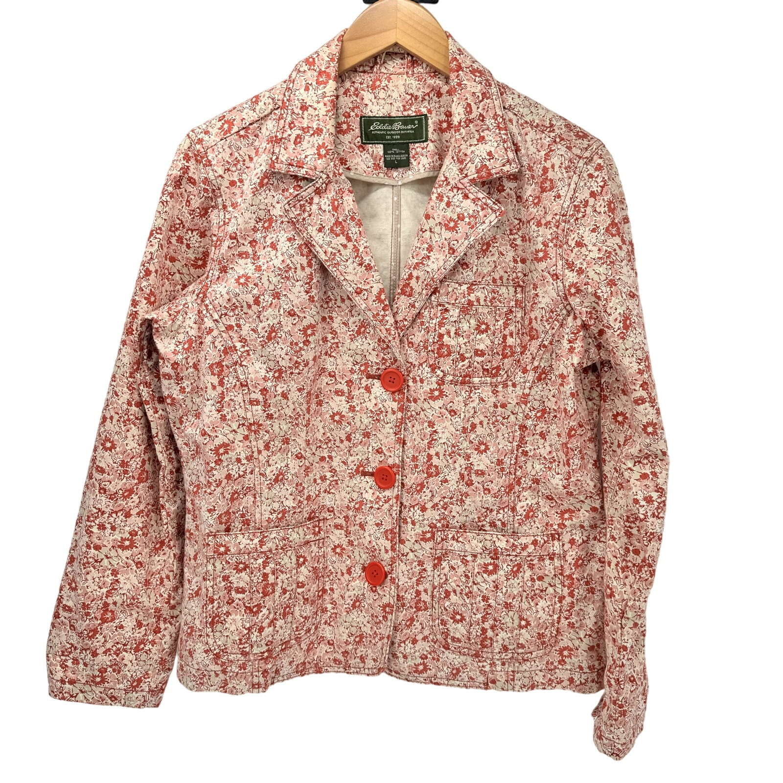 Eddie Bauer Blazer Womens Large Pink Floral Cotton Coastal 3 Button Jacket