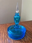 Rare Depression Era Blue Glass Puff Box with Perfume Lid Mint condition