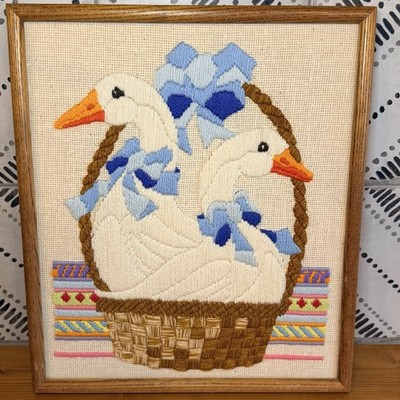 VTG Framed Crewel Embroidery Geese In Basket Goose Wall Art Country Cottage