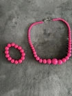 Vintage Hot Pink Beaded Necklace & Stretch Bracelet Set Costume Jewelry