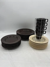 22 Pc Pier 1 Imports ESSENTIAL COLOURS Brown/Cream 11/8.5" Plates Mugs/Stand Lot
