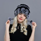 Women Winter Beanie with flowers Rex Rabbit Fur Hat Knitted Fashion Warm Ski