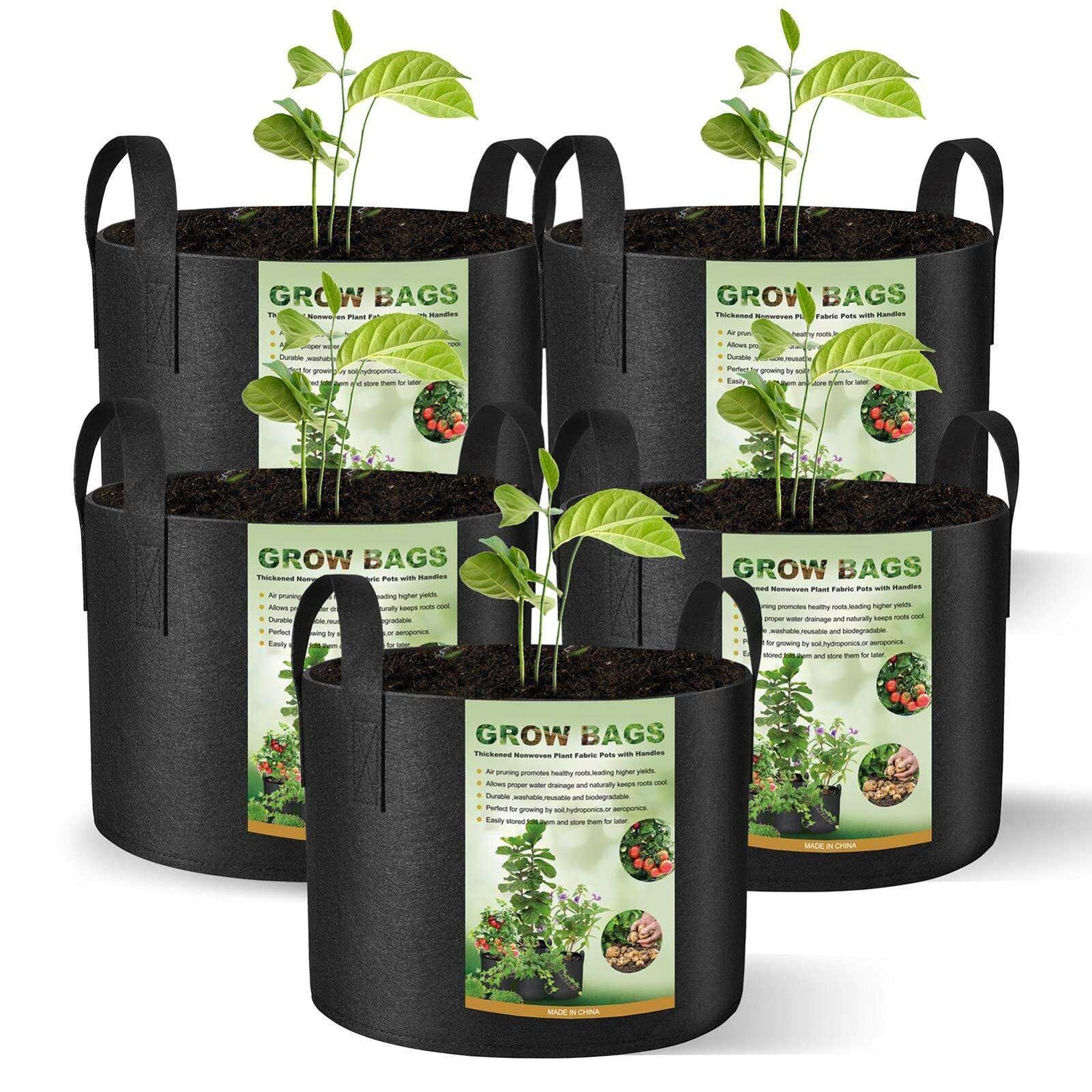 5 Pk Plant Grow Bags Fabric Nursery Pot Soil Bag with Handles Thickened Nonwoven