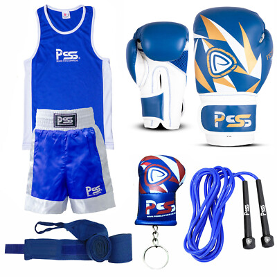 Hochwertige Kinder Boxuniform Top & Short mit Boxhandschuhen blau weiß 1007