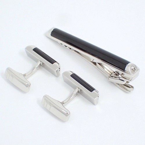 dunhill Cufflinks Tie clip Set Onyx w/ Box and Card from Japan - Picture 3 of 6