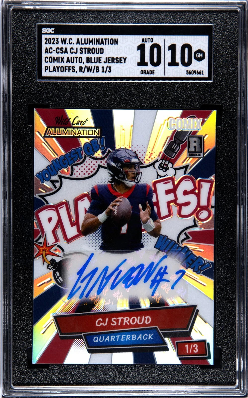 CJ Stroud Wild Card Alumination Comix CJ Stroud Edition Autographs #ACCSA Playoffs White 1-Blue Jersey-Red/White/Blue