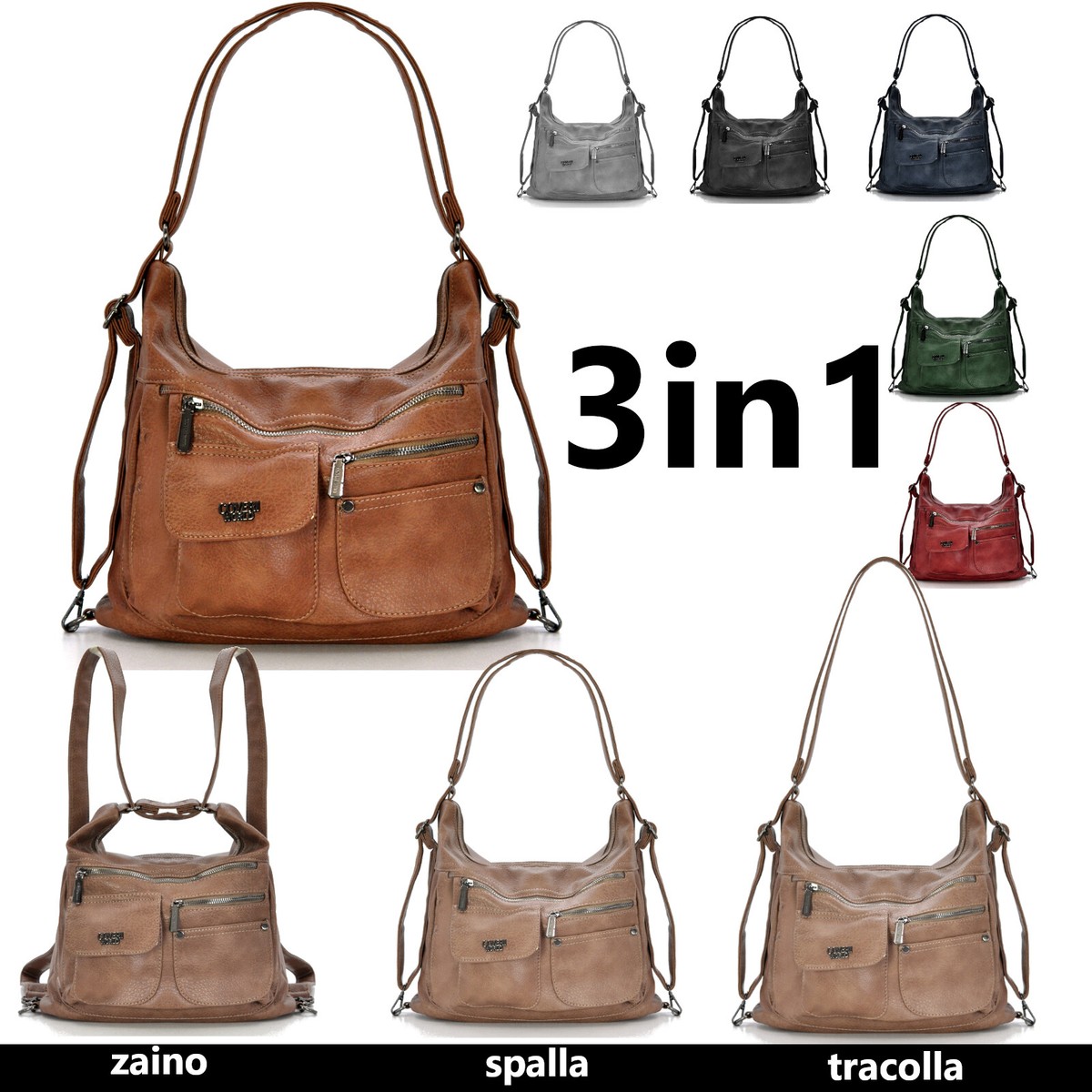 3in1 Borsa trasformabile in zaino Coveri spalla hobo sacco donna