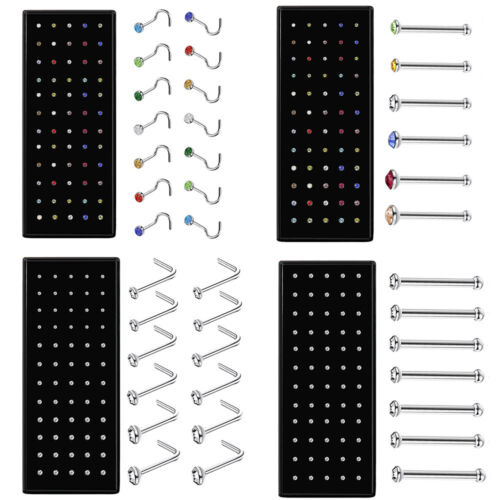 60PCS/Set Crystal Nose Stud Bend Straight L Shape Nose Ring Piercing Jewelry - Picture 6 of 17