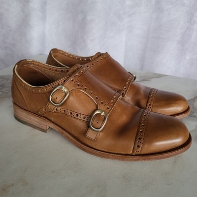 John Fluevog Double Monk Cap Toe Oxfords Brogue Buckle Men's Size 7 Tan
