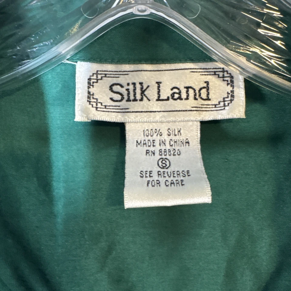 Blusa Silk Land 100 % seda silenciosa de lujo núcleo verde lazo cierre de botones talla pequeña Foto 3 de 4