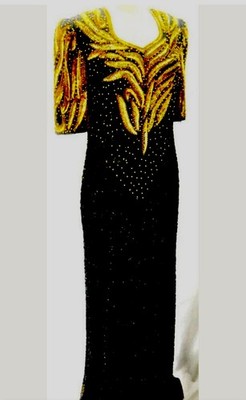 NWT- Mark&John 100% Pure Silk Beaded Sequins Gown Slit Open Back (BlkGold)-Sz M