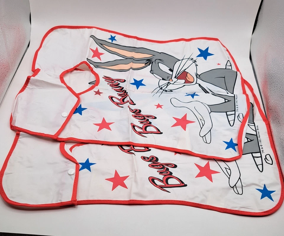 Lote de 2 baberos vintage de vinilo con broches de presión Warner Bros Bugs Bunny Gerber 1993  Foto 4 de 4