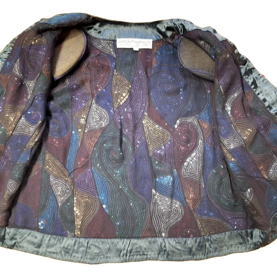JUDITH ANN CREATIONS Vtg Sequin Beaded Jacket Sz S Silk Shell Padded Shoulders  - Image 2 of 4