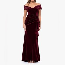 XSCAPE Plus Size “Alana” Long Off-the-Shoulder Velvet Ruffle Dress Burgundy 16W