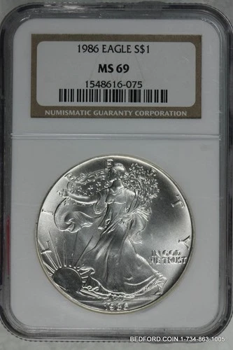 NGC MS69 1986 SILVER AMERICAN EAGLE DOLLAR ASE $1 (BC75)