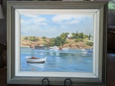 vintage Mediterranean Seascape Oil Signed Κ.Μάρκου Χοβνανίαν Harbor with Boats 